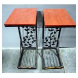 Metal Side Tables With Floral Backs And Faux Wood Tops, Qty 2, 21" High x 8.25" Wide x 12" Deep
