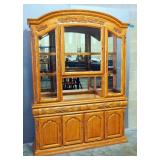 A-America Solid Oak Illuminated China Cabinet (Powers On), Carved Wood Floral Accents, Beveled Glass