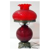 Red Hobnail Glass Lamp With Brass Base And Frosted Hurricane Shade, 26" High, Powers On