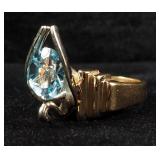 10K Gold Blue Topaz Swan Wing Setting Ladies Ring, Size 6, 10.6 g Total Weight