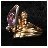10K Gold Purple Amethyst Swan Wing Setting Ladies Ring, Size 5-1/2, 10.60 g Total Weight