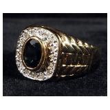 14K Diamond And Blue Sapphire Ladies Ribbed Ring, Size 9, 7.4 g Total Weight