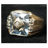 10K Gold Mens Diamond And Light Blue Glass Ring, Size 8-1/4, 8.20 Total Weight
