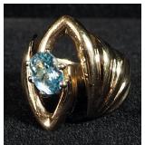 14K Gold Ring With BlueTopaz In Zig-Zag Setting, Size 4-1/4, 7.6 g Total Weight, Mark Not Evident