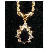 10K Gold Necklace With 14K Gold Sapphire Diamond Cluster Pendant, 24" Long, 6.3 g Total Weight