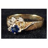 14K Gold Diamond And Blue Sapphire Engagement Ring, Size 7-1/2, 4.2 g Total Weight, Mark Not Evident