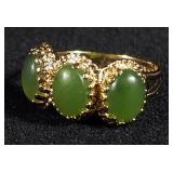 14K Gold Triple Nephrite Jade Filigree Ladies Ring, Size 6-1/4, 4.1 g Total Weight