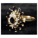 14K Gold Diamond And Blue Sapphire Marquise Cluster Ring, Size 6-1/4, 3.9 g Total Weight
