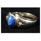 10K White Gold Diamond And Lab Created Blue Star Sapphire Ring, Size 8-1/4, 3.8 g Total Weight