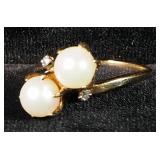10K Gold Diamond And Pearl Ladies Ring, Size 6-3/4, 3.8 g Total Weight