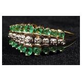 10K Gold Diamond And Emerald Multi Row Ladies Ring, Size 7, 3.2 g Total Weight