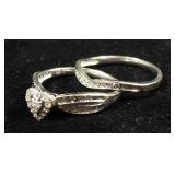 10K White Gold Diamond Heart Cluster Ladies Wedding Set, Size 6-1/2, 3.3 g Total Weight