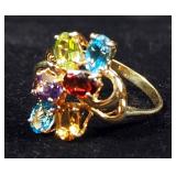 10K Gold Multicolored Zircons Cluster Ring, Size 6-3/4, 3.1 g Total Weight