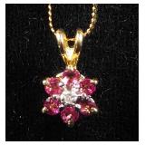 14K Gold Ladies Necklace With Pink Sapphire And Diamond Flower Pendant, 18" Long, 1.8 g Total Weight