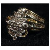 10K Gold Diamond Cluster Cocktail Ring, Size 3-1/4, 2.6 g Total Weight, Mark Not Evident