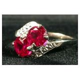 10K White Gold Double Red Lab Created Ruby Ring, Size 6, 2.9 g Total Weight