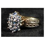 10K Diamond Band And Blue Sapphire Cluster Ladies Ring, Size 5-1/2, 2.5 g Total Weight