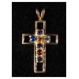 10K Gold Multi-Colored Gemstone Cross Pendant, 2.4 g Total Weight