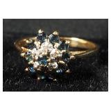 10K Gold Diamond And Blue Sapphire Cluster Halo Ring, Size 8-3/4, 3.3 g Total Weight
