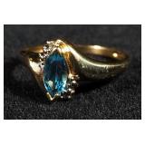 10K Gold Diamond And Blue Topaz Ladies Ring, Size 6-3/4, 2 g Total Weight