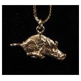 14K Gold Link Necklace With Arkansas Boar Pendant, 18" Long, 2.3 g Total Weight, Mark Not Evident