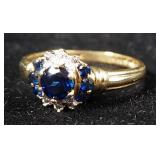 10K Gold Diamond And Lab Created Blue Sapphire Cluster Ring, Size 6-1/2, 1.7 g Total Weight