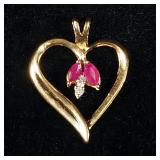 10K Gold Diamond Heart Pendant With Ruby Stones, 1.5 g Total Weight