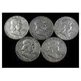 Franklin Half Dollars, Qty 5, Includes 1952 D, 1954 D, 1960 D, 1962 D, And 1963 D