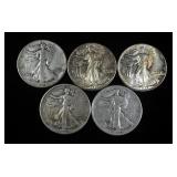 Walking Liberty Half Dollars, Qty 5, Includes 1942, 1943 (3) And 1945