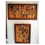 Unusual Vintage Key Collection On Framed Cork Boards, Qty 63 Keys