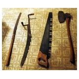 Vintage Hand Tools Including Ax, Scythe, Saw, And Machete, Qty 4