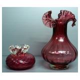 Cranberry Toned Glassware, Includes Vases And Pitchers, Total Qty 5