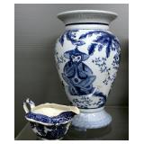 Blue And White Pottery, Some Willow And Buffalo China, Includes Creamers, Vases, And Bowls