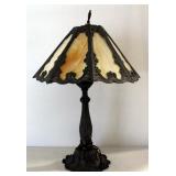 Brass Base Table Lamp With Brass And Marbled Glass Shade, 3 Panes Missing, Approx 29" High, Powers O