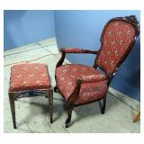 Vintage Arm Chair With Padded Back And Seat, Ornate Back Rest And Matching Padded Foot Stool