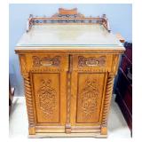 Ornate Front Storage Cabinet, Converted From Sewing Machine Table, With Glass Top And 2 Lower Doors 