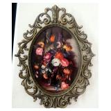 Print Of Floral Bouquet In Ornate Frame Under Domed Glass, 10.5" Wide x 13.5" High