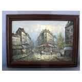 Original Painting On Canvas Of Shopping Plaza, Framed, 43" Wide x 31" High