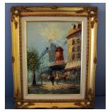 Original Painting By Burney On Canvas Of Moulin Rouge, Framed, 17.5" Wide x 21.5" High