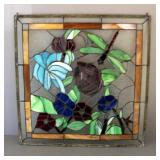 Stained Glass Window Sun-Catcher Of Flowers And Dragonfly, 23" Wide x 23.5" High