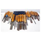 Wood Working Tool Assortment, Brands Include Sorby And Marples, Many Unmarked, and Tool Roll, Conten