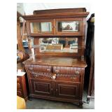 Antique 2 Drawer Formal Buffet With Carved Griffin Busts, Claw Feet, Beveled Leaded Glass, And Dovet