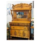 Antique Solid Wood 3 Drawer Sideboard With Leaded Beveled Glass Mirror And Carved Leaf Accents, 78in