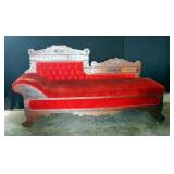 Antique Victorian Eastlake Upholstered Convertible Fainting Couch With Carved Accents, 41in x 73in x