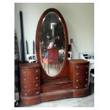 Antique Solid Wood Deep Well 8 Drawer Dresser With Oval Beveled Glass Mirror And Carved Accents, 73i