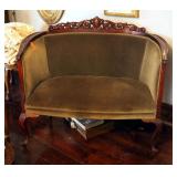 Victorian Upholstered Settee With Cabriole Legs, Claw Feet, And Carved Crown, 36.5in x43in x24in