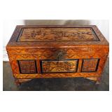 Intricately Carved Teak Wood Trunk With Desert Scenes On All Sides, 19.5in x 34in x 16in