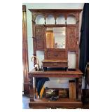 Antique Hall Tree With Beveled Glass Mirror, Carved Lion Accents, Umbrella/Cane Storage, Hat/Coat Pe