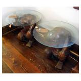 Antique Teak Wood Hand Carved Polynesian Style Tables, 20in Tall x18in Wide With 24in Round Glass To