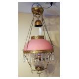 Antique Victorian Chandelier Converted From Oil To Electric With Pink Glass Shade, Brass Hardware, A